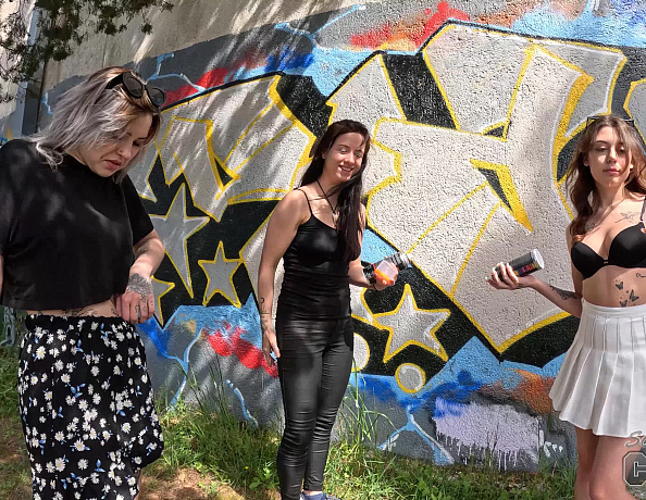 3 Hot Friends Gabriela Lati Sam And Dora Spraying Graffiti On Abandoned Building In The Forest